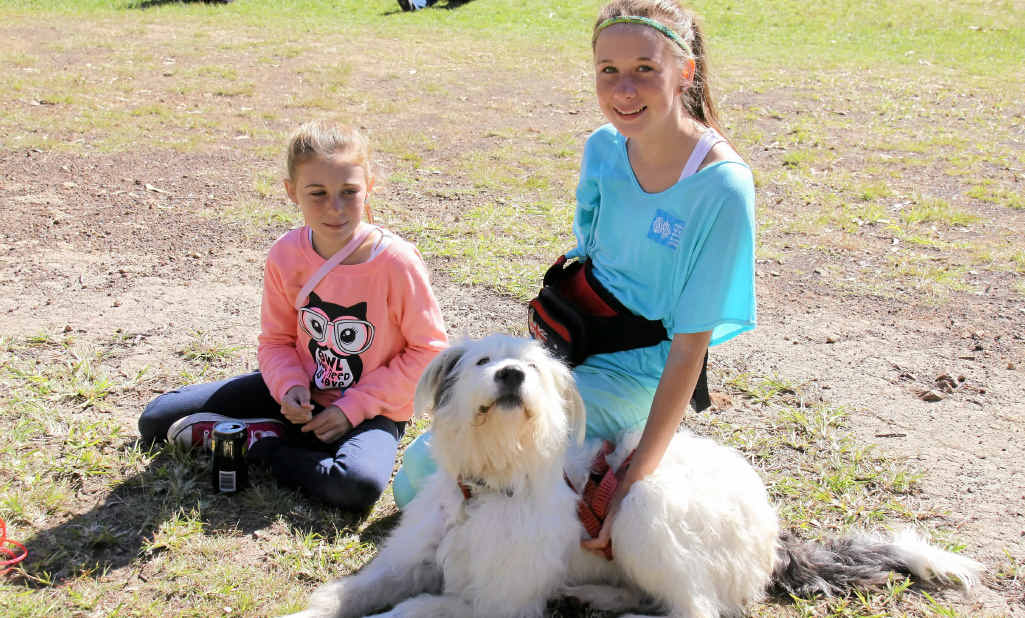 Maddi Russell and Olivia Dickson with Spud take a quick rest during the RSPCA Million Paws Walk. Maddi Russell and Olivia Dickson with Spud take a quick rest during the RSPCA Million Paws Walk.